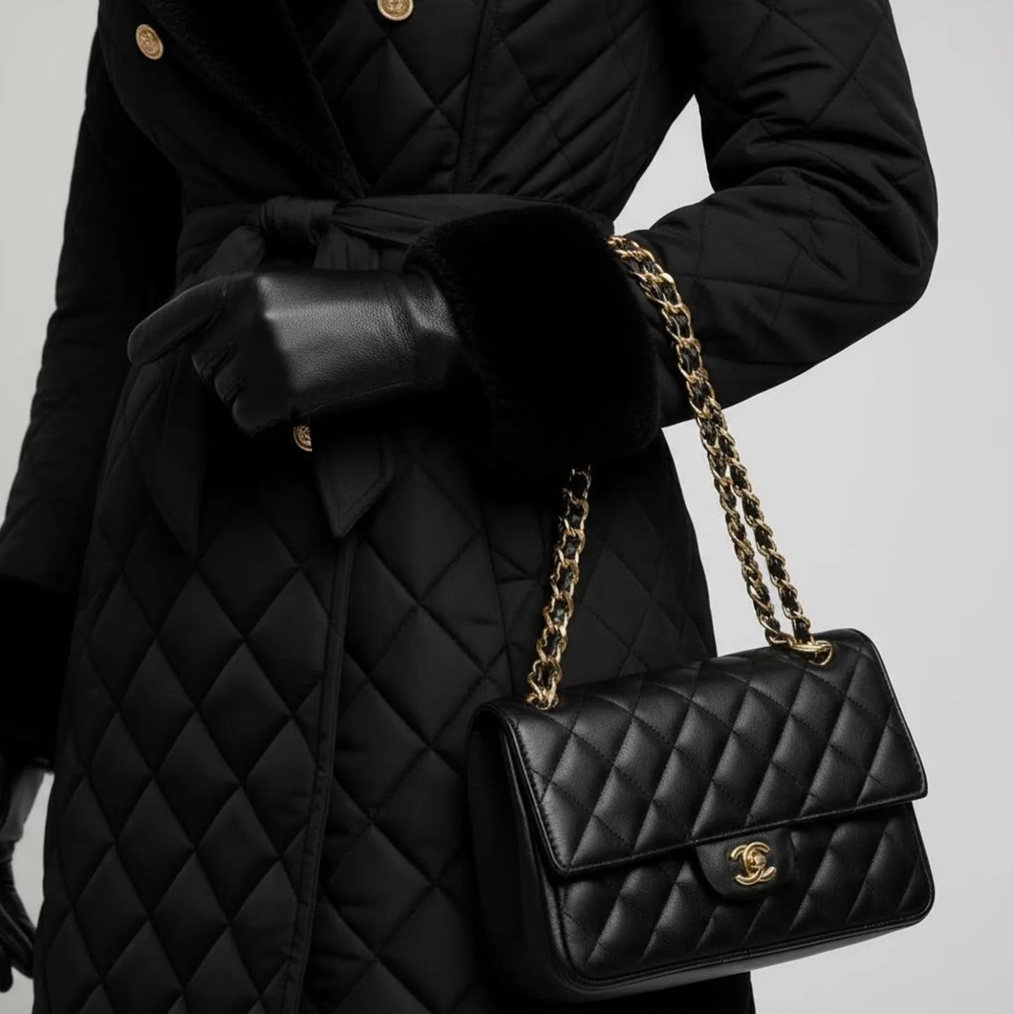 Luxury Black Quilted Fur Collar Winter Coat