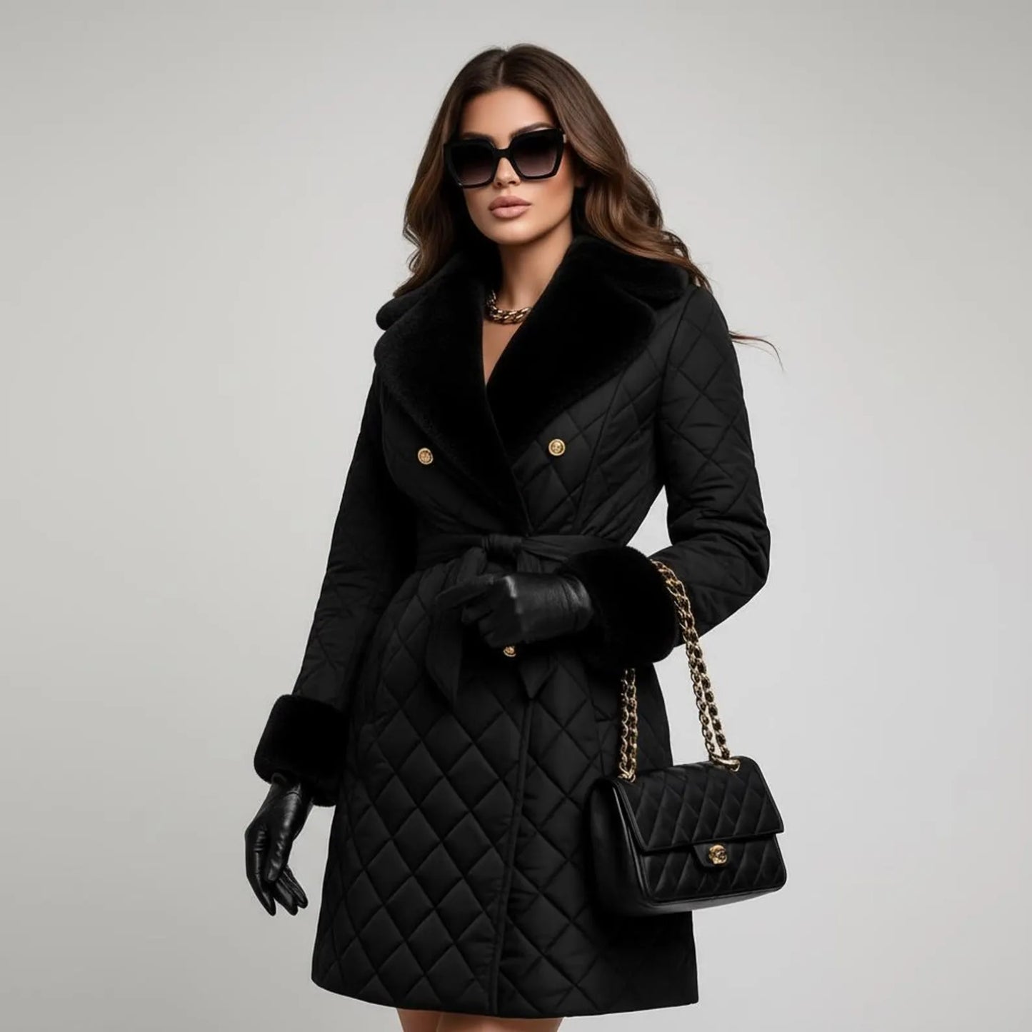 Luxury Black Quilted Fur Collar Winter Coat