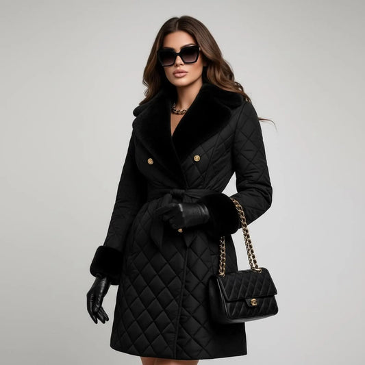 Luxury Black Quilted Fur Collar Winter Coat