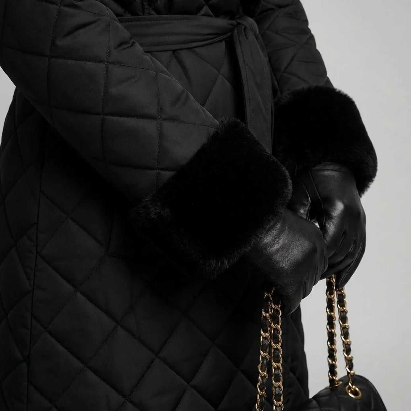 Luxury Black Quilted Fur Collar Winter Coat