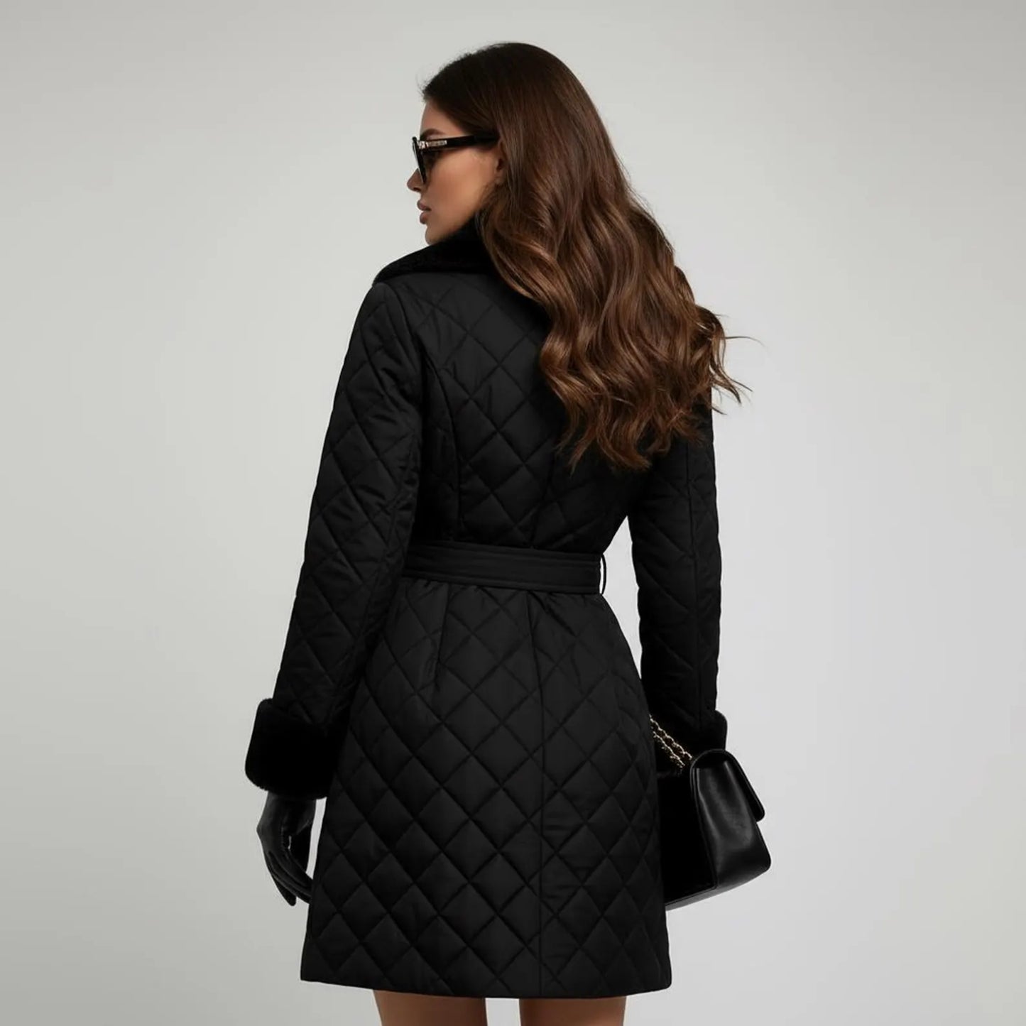 Luxury Black Quilted Fur Collar Winter Coat