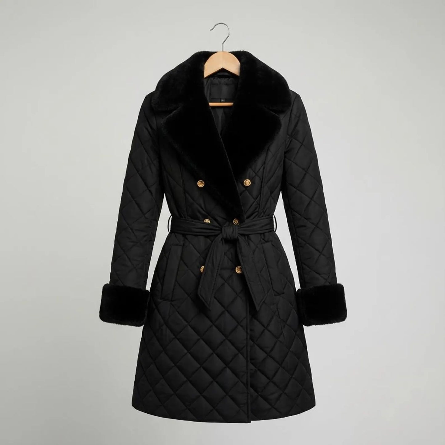Luxury Black Quilted Fur Collar Winter Coat