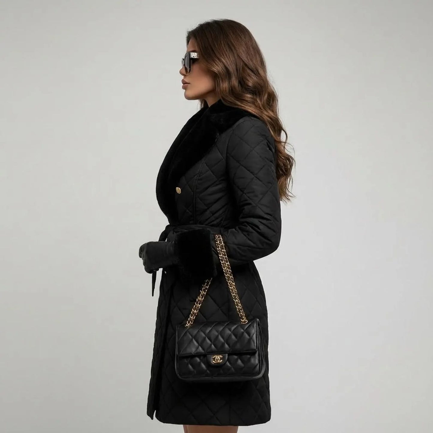 Luxury Black Quilted Fur Collar Winter Coat