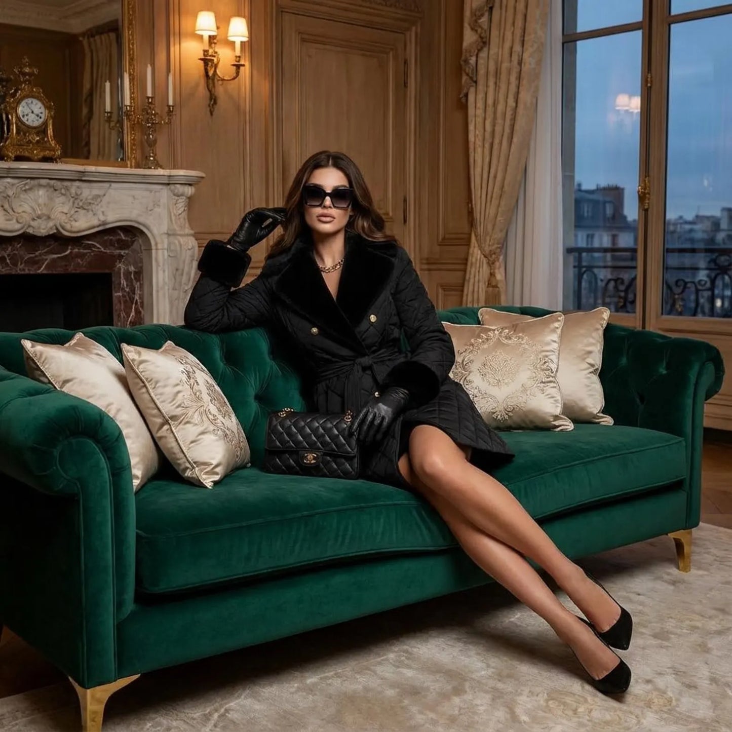 Luxury Black Quilted Fur Collar Winter Coat